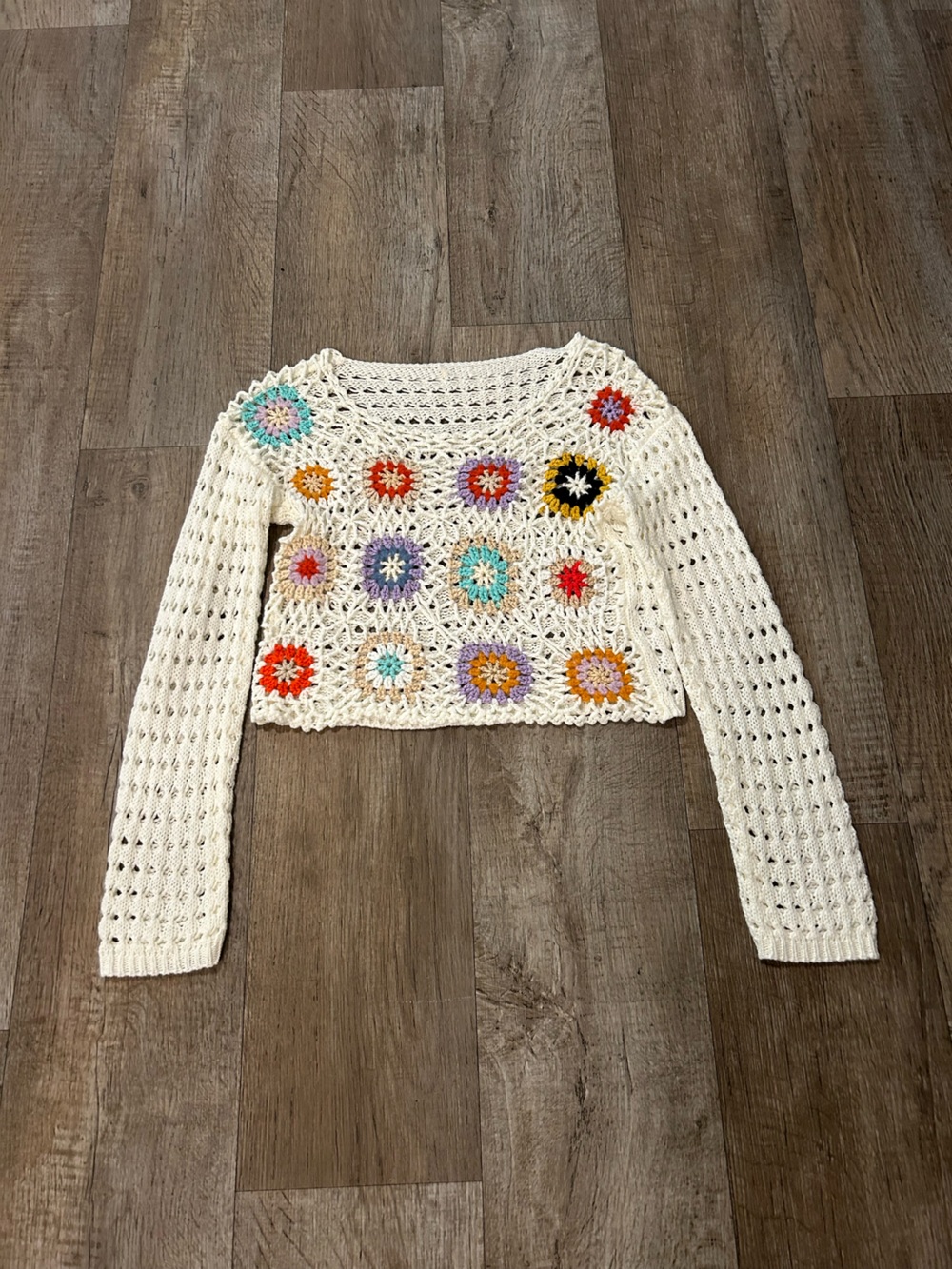 White Colorful Crochet Open-Knit Sweater with Patchwork Detail. Size Small